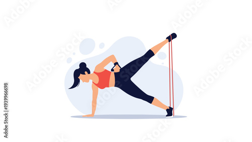 Active woman performing fitness exercises and stretching using a red resistance band on a light purple background.