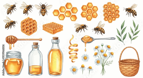 Watercolor illustration of bees honeycombs honey bottles and basket elements