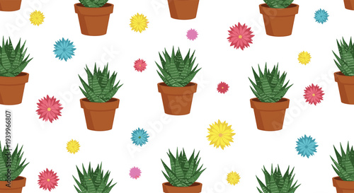 Seamless pattern of various green succulent plants in terracotta pots mixed with colorful blooming flowers on a clean white background.