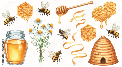 Watercolor illustration of bees honeycombs honey dipper chamomile and beehive