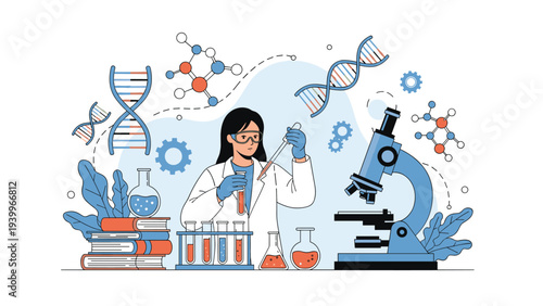 Female scientist conducting research in a laboratory with a microscope, test tubes, chemical flasks, and molecular structures.