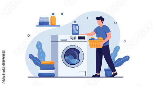 Man doing household chores by loading laundry into a modern washing machine in a clean, organized domestic environment.