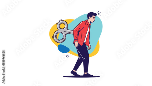 Burnout and exhaustion concept depicted by a tired man walking with a large wind-up key attached to his back like a toy.