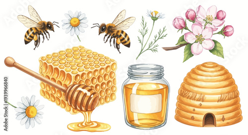 Watercolor illustration of bees honeycombs honey flowers and beehive