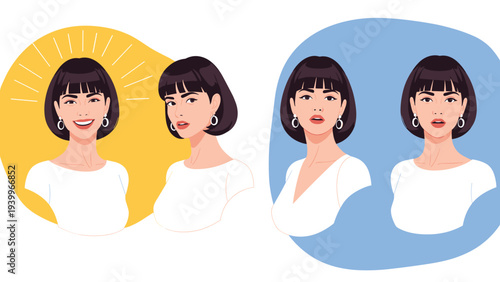 Set of female facial expressions showing different emotions like happy, sad, surprised, and angry with a character portrait.