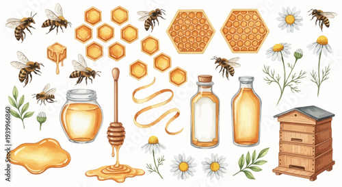Watercolor illustration of bees honeycombs honey flowers and beehives