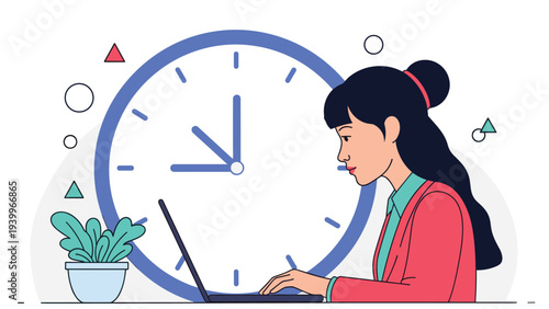 Efficient time management and deadline concept showing a woman working on her laptop in front of a giant wall clock.