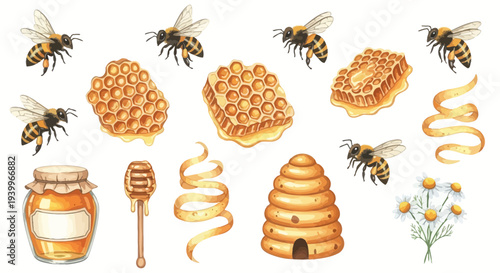 Watercolor illustration of bees honeycombs honey jar and flowers