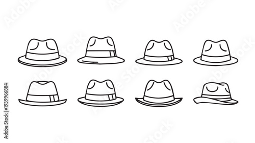 Set of eight fedora hats line art isolated on white background stock illustration