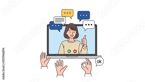 Feedback and customer satisfaction concept showing a woman on a laptop screen receiving likes and thumbs up from users.
