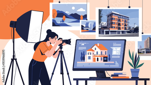 Professional real estate photographer taking high-quality pictures of house interiors and exteriors using a camera on a tripod.