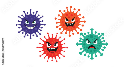 Collection of four colorful cartoon virus or bacteria characters with angry facial expressions to represent germs and illness.