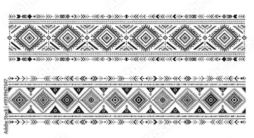 Pair of detailed black and white ethnic border designs with geometric tribal patterns for traditional textile and stationery decoration.