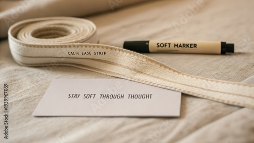 Soft Marker and Calm Ease Strip on Fabric Surface with Card Highlighting Comfort and Mindfulness Themes