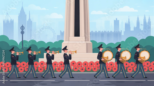 British military band marching with trumpets and drums past poppy wreaths at war memorial