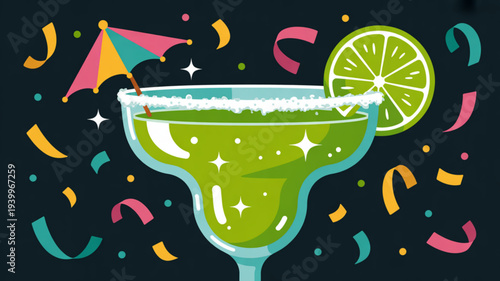 Vibrant green margarita cocktail with lime colorful confetti and umbrella on black background festive party drink