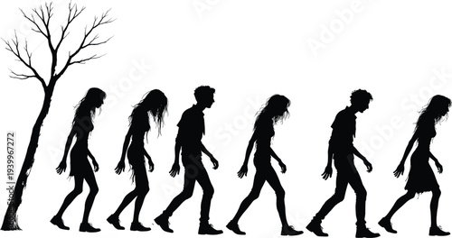 Black silhouette vector illustration of group of young people walking in line past dead tree representing apocalypse, climate change, migration, or lost wandering youth