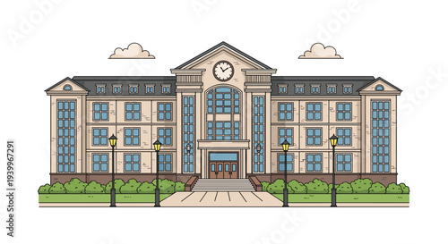 Architectural illustration of a large three story school or university building with many windows and a central clock tower.