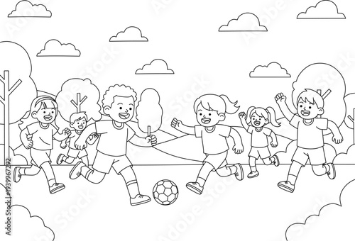 Black and white image capturing kids playing soccer under the sun, perfect for sports publications, websites, and educational materials.