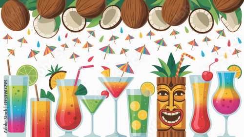 Colorful tropical cocktails with coconut and tiki decorations on white background with festive flags