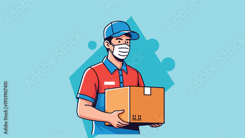 Friendly delivery courier wearing a blue cap and a protective face mask holds a brown cardboard package against a teal background.