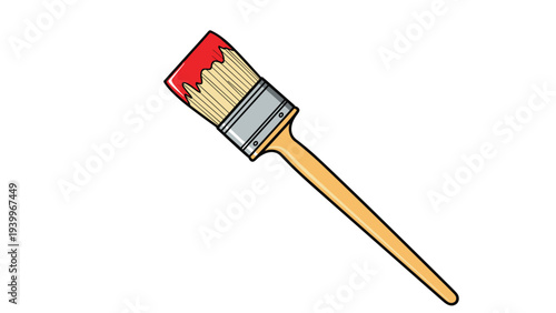Wooden handled paintbrush with its bristles dipped in vibrant red paint stands diagonally against a clean white background.