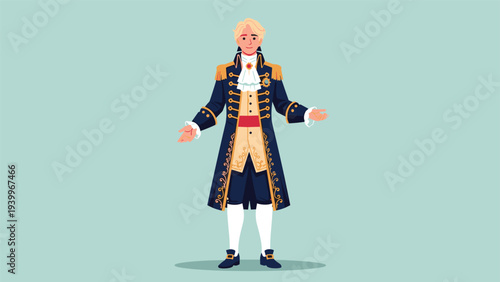 Man dressed in a detailed eighteenth century military officer uniform with a dark blue coat gold embroidery and a white cravat.