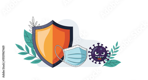 Health protection concept featuring an orange shield, a blue medical face mask, and a virus icon representing disease defense.