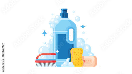 Cleaning supplies including a large blue detergent bottle a scrub brush a yellow sponge and a bar of soap surrounded by bubbles.