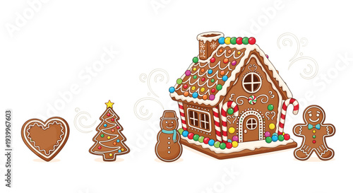 Festive gingerbread house decorated with candies alongside a gingerbread man, snowman, tree, and heart shaped holiday cookie.