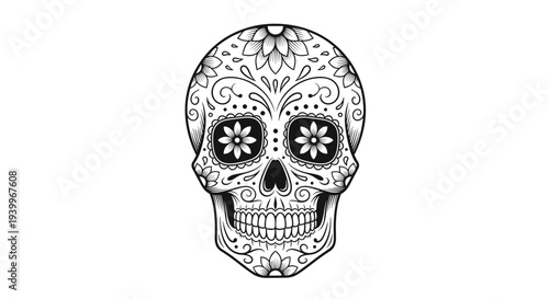 Traditional Mexican sugar skull illustration with intricate floral patterns and decorative details for Day of the Dead celebration.