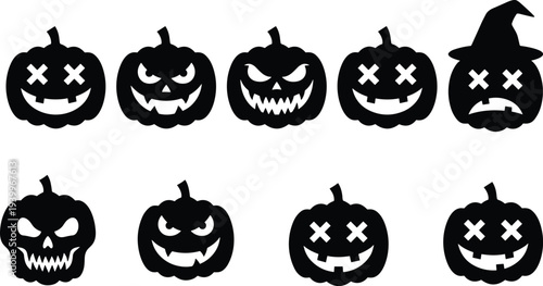 Black silhouette vector illustration set of Halloween pumpkin jack o lanterns with various spooky scary and evil faces for holiday party decoration design