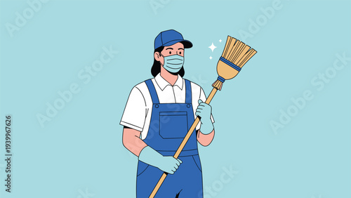 Female cleaning professional in a blue cap and overalls wears a protective face mask while holding a traditional wooden broom.