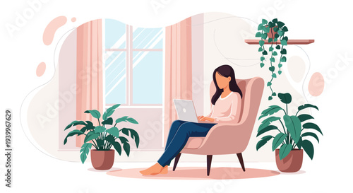 Young woman relaxing in a cozy armchair at home while working on her laptop in a bright room filled with beautiful house plants.