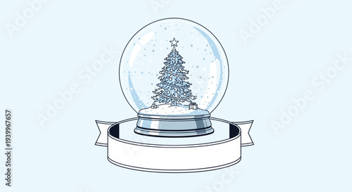 Festive Christmas tree inside a beautiful snow globe ornament placed on a decorative white ribbon banner for holiday greetings.