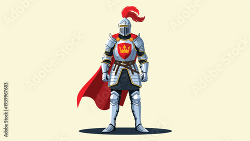 Medieval knight in full shining silver plate armor with a red feathered plume on his helmet stands against a plain background.