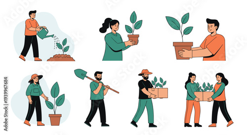 Collection of diverse people engaged in gardening activities such as watering plants, carrying pots, and digging in the garden.