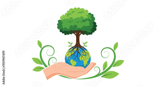 Human hand carefully supports a globe with a large green tree growing out of it symbolizing global environmental conservation.