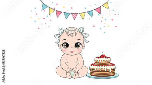 Adorable baby girl sitting next to a delicious multi-layered chocolate birthday cake under colorful festive party bunting.