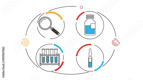 Diagram showing medical research elements including a magnifying glass, medicine bottle, test tubes, and an ampoule vial.