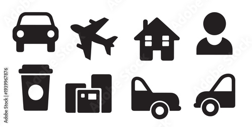set of black silhouette icons including house car