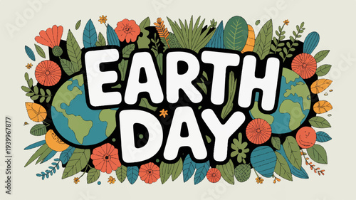 Earth day celebration concept with globe surrounded by colorful flowers and leaves on green background
