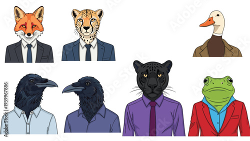 Collection of portraits featuring animals like a fox, cheetah, duck, crow, panther, and frog dressed in human suits and ties.