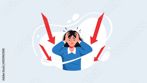 Woman feeling overwhelmed and stressed with her hands on her head while red arrows point downwards signifying pressure.