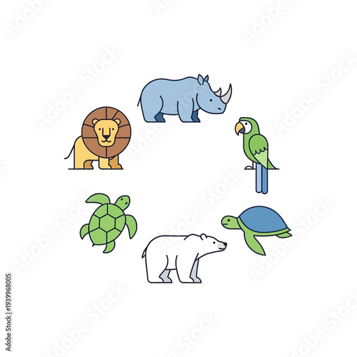 Diverse wildlife collection in a circular arrangement, featuring flat outline illustrations of various animals like lion, rhino, parrot, and turtles, symbolizing global fauna and nature's variety