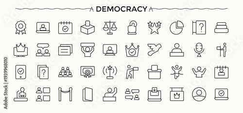 Democracy linear icon collection. Modern vector UI icons. Includes thin line symbols election, referendum, government, polling. Vector collections. Poll icon set.