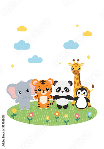 Sweet Collection of Baby Jungle Animals Standing Together in a Vibrant Green Meadow Under a Bright Sky with Fluffy Clouds and Blooming Flowers
