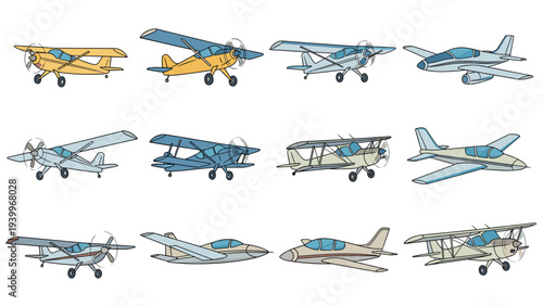 Collection of twelve various small propeller driven aircraft and light planes in different colors and designs.