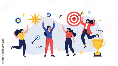 Team of successful business women celebrating their achievement with a gold trophy, bullseye target, and festive stars.