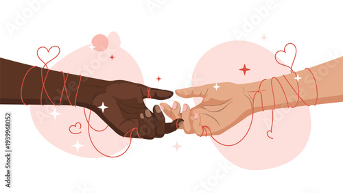 Two hands of different skin tones reaching towards each other with red strings of fate tied around their wrists and fingers.